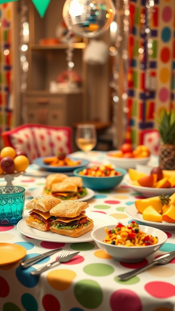 A 70s aesthetic dinner table with mini sliders, pasta salad, fresh fruits, and a disco ball in the background.